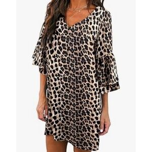 Belongsci V-Neck Animal Print 3/4 Bell Sleeves Mini Dress